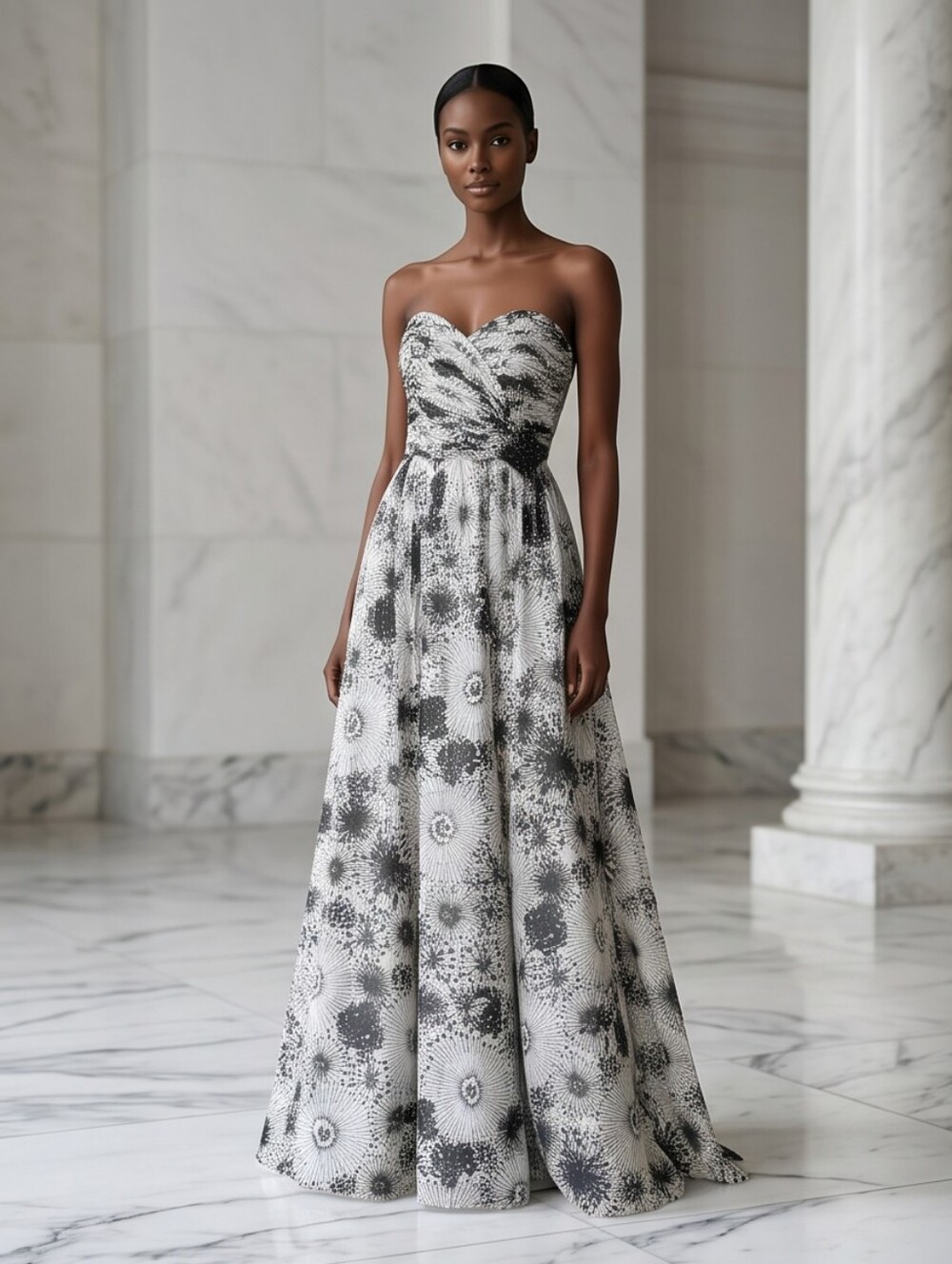 White House Black Market Strapless Black & White Floral Gown